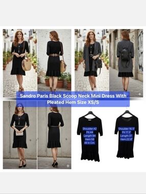 Sandro Paris Black Scoop Neck Mini Dress With Pleated Hem Size XS/S